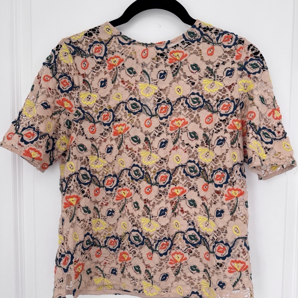 Zara Lace Embroidery Floral Tan Orange Yellow Boxy Blouse Size XS